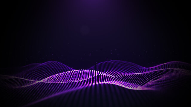 3D glowing purple grid wave flowing over a dark background, ideal for futuristic tech, data, and digital concept visuals in design and multimedia. 3d Rendering