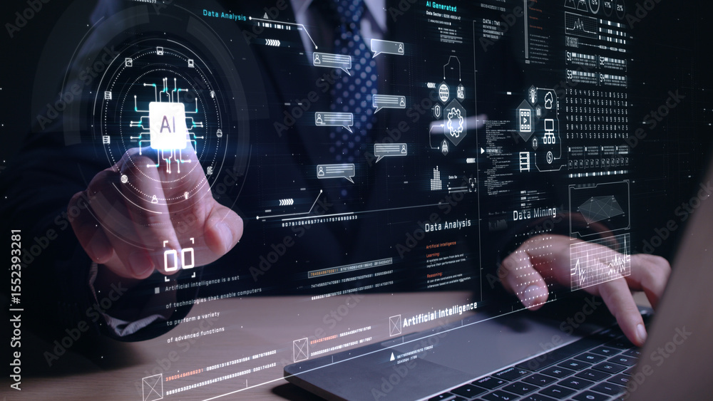 Poster businessman interacting with futuristic ai interface on laptop, visualizing data mining, machine lea