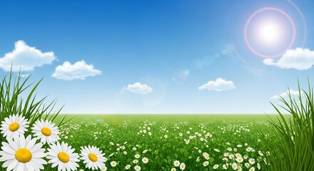 Daisy Field Under a Sunny Blue Sky with Green Grass