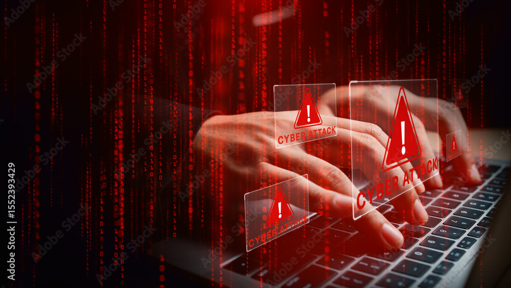Poster laptop with hands typing amid glowing cyber attack alerts and red binary code, symbolizing hacking, 