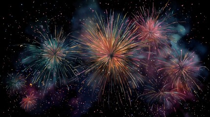 Obraz premium Vibrant Colorful Fireworks Explosions Illuminating Dark Night Sky with Scattered Stars and Smoke Trails Festive Celebratory Event Abstract Background Display for Holidays