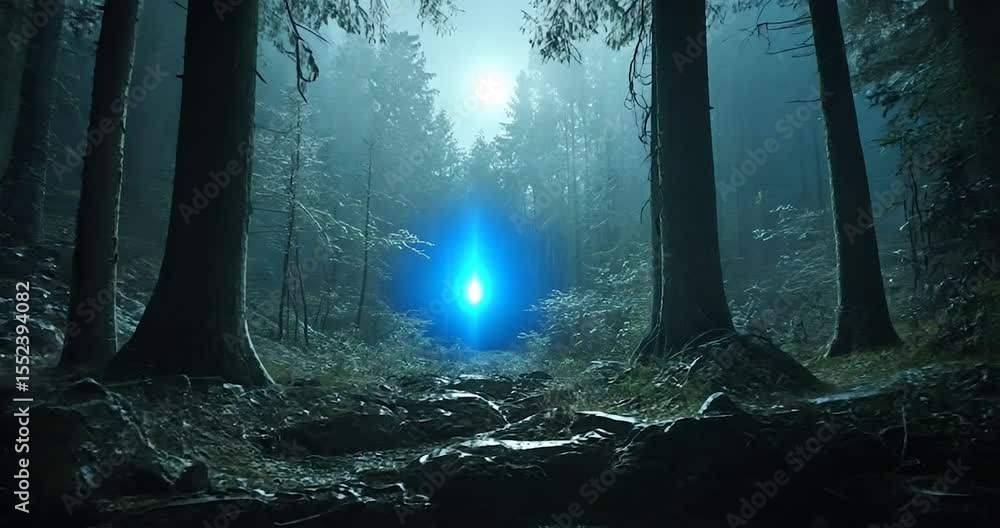 Poster video of a dark forest path bathed in ethereal blue light with tall trees and atmospheric mist creat