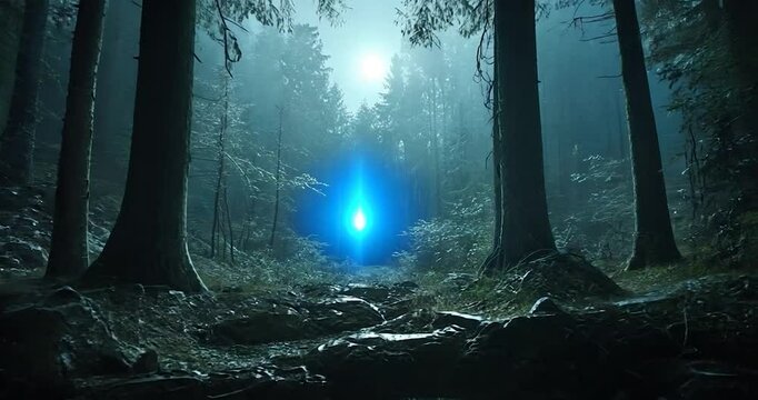 Video of a dark forest path bathed in ethereal blue light with tall trees and atmospheric mist creating a mysterious and tranquil scene