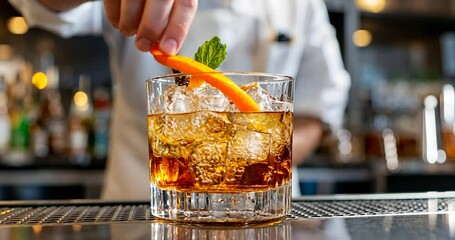 Bartender garnishing an old fashioned cocktail with orange peel and mint sprig in a glass with ice at a bar with shallow depth of field - Powered by Adobe