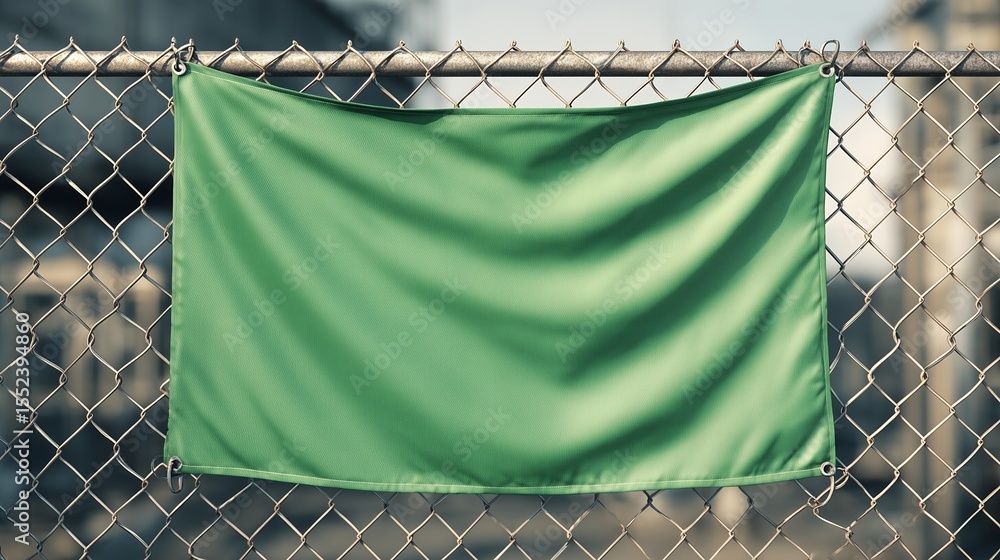 Fototapete blank vibrant green fabric banner draped on a sturdy metal chain link fence outdoors providing clear
