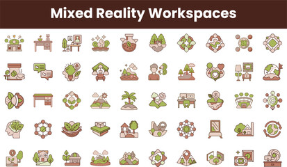 A collection of colorful icons representing mixed reality workspaces, featuring nature-inspired designs and innovative technology elements.