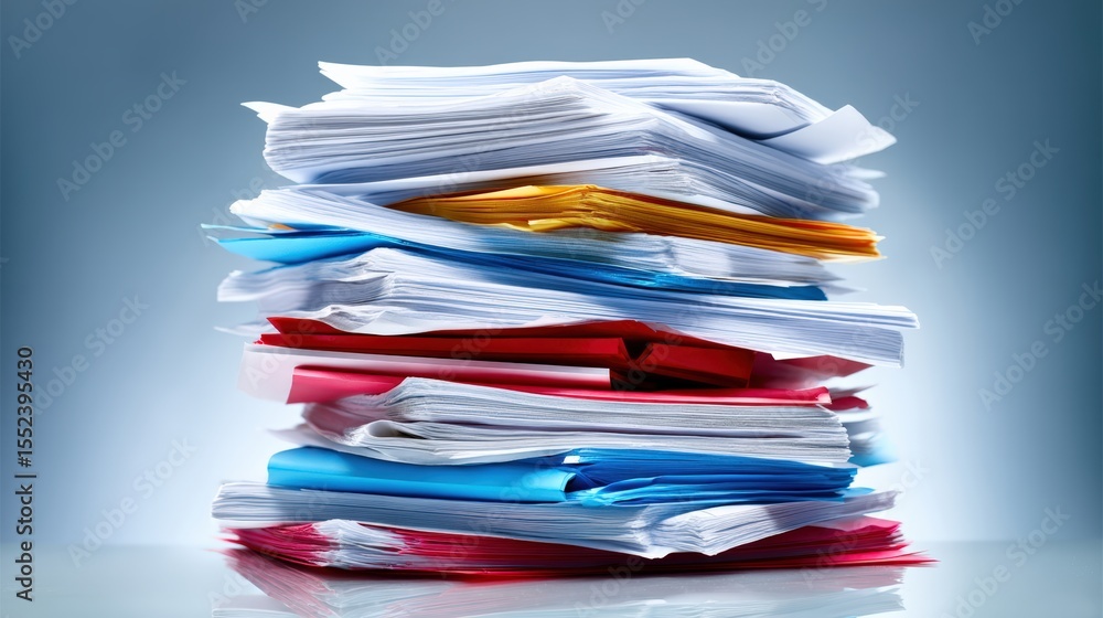 Poster organized action managing document overload in a business office stacked papers professional environ