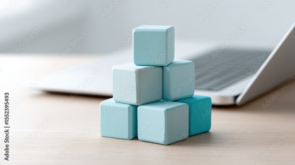 Poster building blocks stacked on a wooden table near a laptop minimalist setup indoor close-up view creati