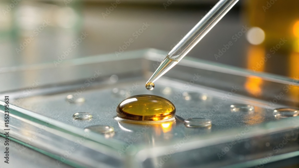 Poster Oil Drop Resting on Glass Lab Slide with Dropper in Laboratory Setting