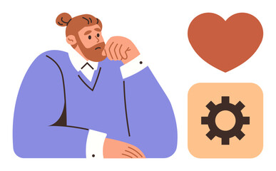 Thoughtful man rests his chin on hand, beside a heart symbolizing emotion and a gear representing productivity and strategy. Ideal for ideas, decision-making, planning, creativity, motivation