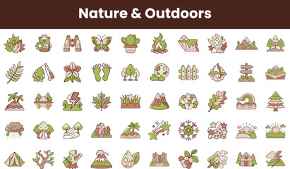 A vibrant collection of nature-themed icons, featuring flora, fauna, landscapes, and outdoor activities, showcasing the beauty of the natural world in a playful style.