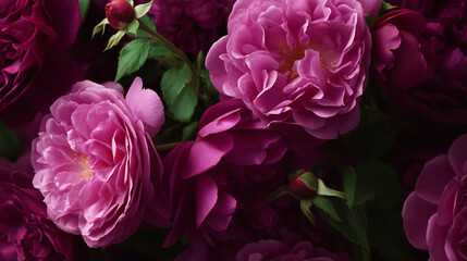pink rose in garden, close-up of dark magenta and deep purple garden roses in full bloom