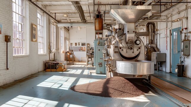 Interior of industrial coffee roasting plant showcasing a large metal roaster and prominent pile of unroasted coffee beans illuminated by natural light through large factory
