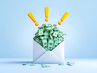 3D envelope with green cash inside and exclamation marks. Perfect for illustrating payment, bonuses, finance apps, salary notifications, or online transaction messages