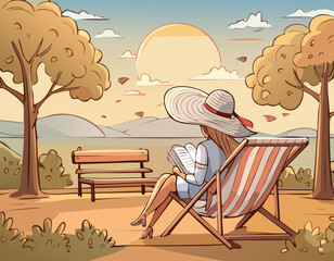 Woman in wide hat reading on lounge chair with vintage striped parasol.