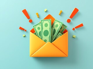 3D envelope with green cash inside and exclamation marks. Perfect for illustrating payment, bonuses, finance apps, salary notifications, or online transaction messages