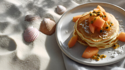 Stack of pancakes with tropical fruit and coconut flakes on a beach-themed background with seashells.