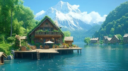 Idyllic lakeside cabin retreat with mountain backdrop