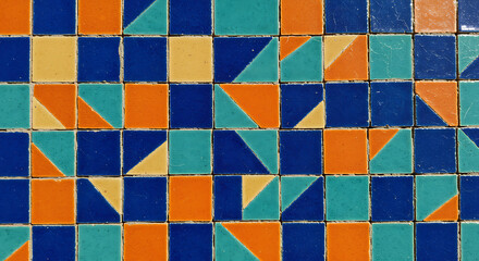 Fototapeta premium Vibrant geometric mosaic pattern with unique tile shapes and color variations. The mosaic is a rich tapestry of different colors and shapes