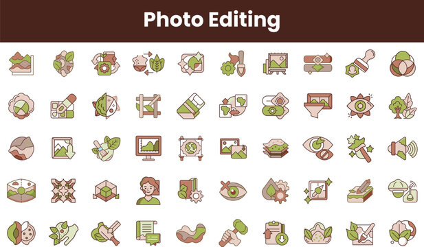 A collection of colorful, minimalist icons representing various aspects of photo editing, featuring tools and nature elements in a harmonious color palette. - Powered by Adobe
