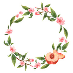  Watercolor wreath with flowers and fruits: peaches, nectarines.