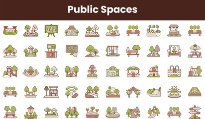 A colorful collection of illustrations depicting various public spaces, including parks, playgrounds, and community gathering areas, showcasing vibrant greenery and recreational features.