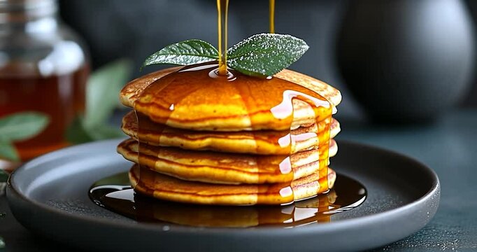 Stack of golden pancakes with syrup drizzle and mint leaf on a black plate against a blurred background food photography
