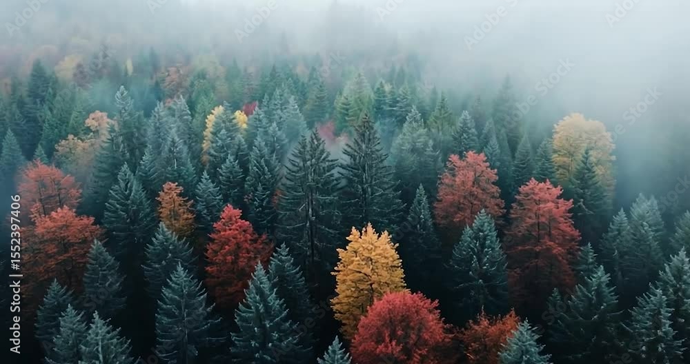 Aufkleber aerial view video of a foggy evergreen forest with vibrant autumn colors. dense trees create a textu