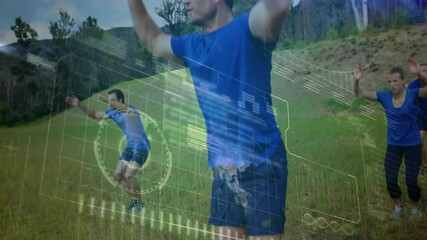 Group following lead signal, performing synchronized burpees with HUD tracking fitness metrics