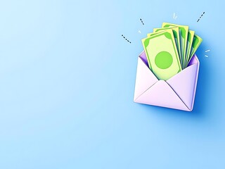 3D envelope with green cash inside and exclamation marks. Perfect for illustrating payment, bonuses, finance apps, salary notifications, or online transaction messages