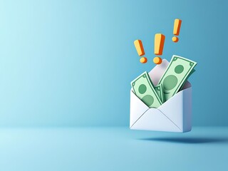 3D envelope with green cash inside and exclamation marks. Perfect for illustrating payment, bonuses, finance apps, salary notifications, or online transaction messages