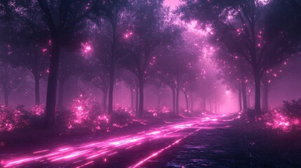 Pink glowing mystical forest path.