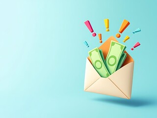 3D envelope with green cash inside and exclamation marks. Perfect for illustrating payment, bonuses, finance apps, salary notifications, or online transaction messages
