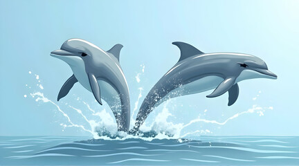 Fototapeta premium Two Dolphins Leaping From Light Blue Ocean Water with Splashes