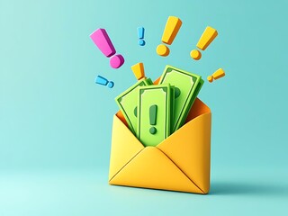 3D envelope with green cash inside and exclamation marks. Perfect for illustrating payment, bonuses, finance apps, salary notifications, or online transaction messages