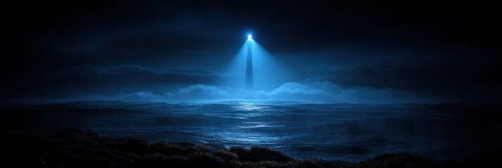 Naklejka premium Lighthouse Guiding Through Misty Ocean Night