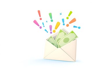 3D envelope with green cash inside and exclamation marks. Perfect for illustrating payment, bonuses, finance apps, salary notifications, or online transaction messages