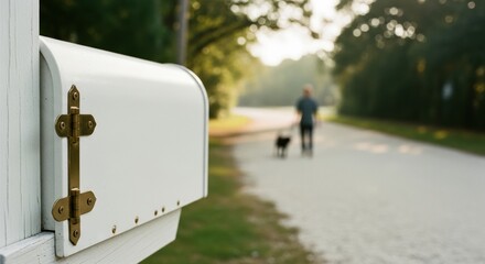 Classic Hamptons white mailbox with brass hardware, charming coastal neighborhood detail perfect for real estate marketing and lifestyle website banners