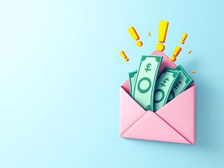 3D envelope with green cash inside and exclamation marks. Perfect for illustrating payment, bonuses, finance apps, salary notifications, or online transaction messages
