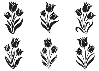 Elegant Silhouettes of Tulip Arrangements A Black and White Floral Design Featuring Stylized Blooms and Leaves in a Striking Graphic Composition