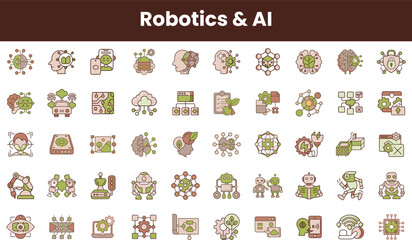 An array of diverse icons representing robotics and artificial intelligence, showcasing innovative technology with a modern, minimalist design in earthy tones.
