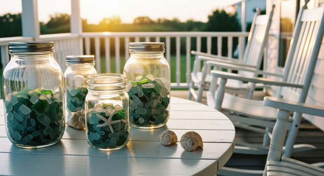 Coastal sea glass decor in mason jars on Hamptons porch, charming seaside styling perfect for DIY craft blogs and vacation rental marketing banners