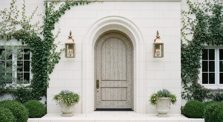 Coastal Home Entrance with Arched Door - Hamptons Architecture Design