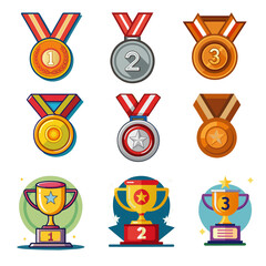 Vector set of colorful medals and trophies for sports or competition achievements.