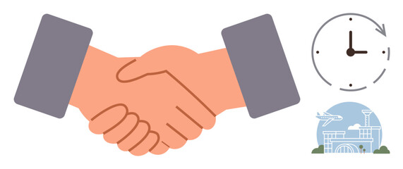 Two hands shaking symbolize agreement or partnership. Clock suggests timeliness, and airport building with airplane signifies travel, logistics, or global connections. Ideal for business, travel