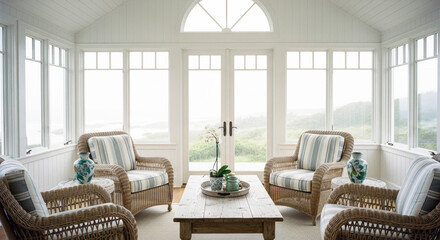 Hamptons Sunroom Living Area with Wicker Furniture and Natural Light - Coastal Interior Design for Website Headers