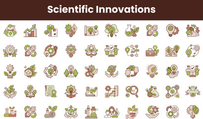 A collection of diverse scientific innovation icons representing sustainability, technology, and research, featuring earthy tones and modern design elements.