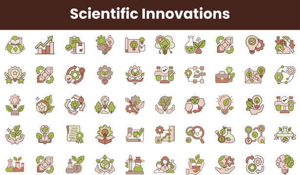 A collection of diverse scientific innovation icons representing sustainability, technology, and research, featuring earthy tones and modern design elements.