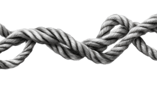 Thick rugged tangled rope in chaotic twisted loops nautical cord texture detail isolated on white background