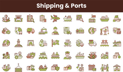 A colorful collection of icons representing various aspects of shipping and ports, including transportation, logistics, and maritime elements, ideal for infographics and design projects.